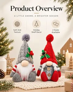 Panoramica del prodotto di due gnomi natalizi in maglia per decorazioni festive.