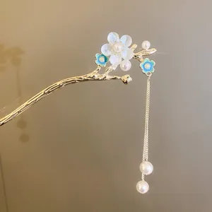 Elegante forcina per capelli vintage dorata ramo fiore nappa stile cinese per acconciature chignon
