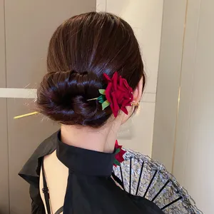 Spilla per capelli cinese retrò rosa rossa, elegante forcina per chignon, nuovo accessorio per capelli.