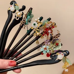 Bastoncino per Capelli Cinese Neo in Legno Vintage da Donna Nappa Fiore Coniglio Perla Artificiale Strass Elegante Forcina Retro