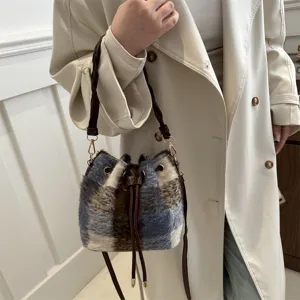Women Contrast Plaid Bucket Bag Plush Material Drawstring Fashion Patchwork Shoulder Crossbody Bag Handbag Street Style