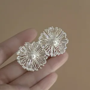 Elegant silver flower pearl earrings, minimalist design, lightweight luxury fashion jewelry.