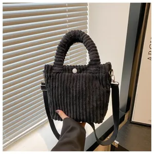 Borsa a secchiello in corduroy nero da donna, borsa a tracolla casual con manico e bel design.