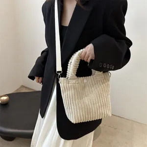 Borsa a secchiello chic in velluto a coste da donna, comoda borsa a tracolla con manico.