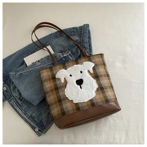 Large capacity woolen plaid tote bag for women, stylish casual shoulder handbag with dog.