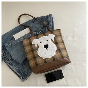 Brown plaid tote bag for women with cute white dog patch, large capacity PU leather shoulder bag.