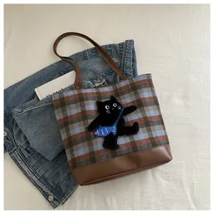 Stylish brown blue plaid tote bag for women, cute cat embroidery PU leather casual shoulder bag.