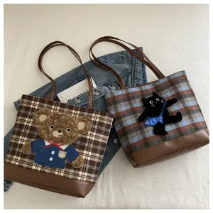 Large capacity woolen plaid tote bag for women, cute bear and cat design shoulder bags.