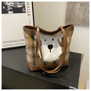 Large capacity woolen plaid tote bag for women with cute white plush dog decor and brown leather handles.