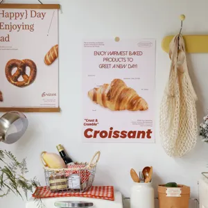 A3 baking theme decorative poster wall art set, vintage croissant bread print for room decor.