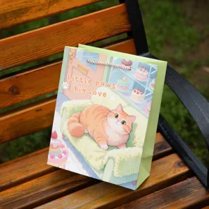 Joli sac cadeau en papier chat de dessin animé avec poignées, idéal pour les anniversaires.