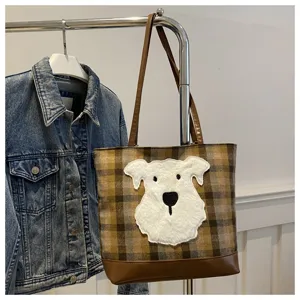 Large capacity plaid tote bag for women, stylish wool blend shoulder bag with cute dog applique.