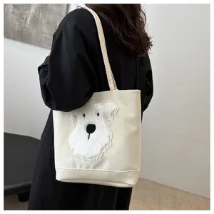 Casual white tote bag for women, large capacity shoulder bag with cute fluffy dog design for daily use.