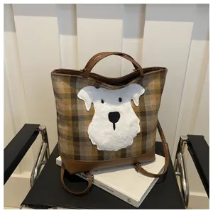 Brown plaid tote bag with cute white dog applique, stylish large capacity shoulder backpack.