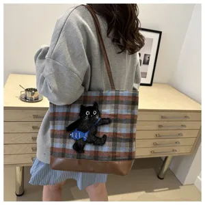 Women's woolen plaid tote bag with cute black cat embroidery, large capacity shoulder bag