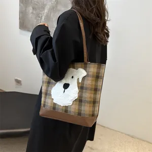 Stylish women's plaid tote bag with cute dog patch large capacity handbag casual shoulder bag