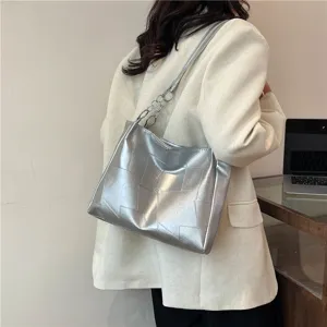 Ασημένια τσάντα ώμου patchwork για γυναίκες, κομψή casual μεγάλη τσάντα μασχάλης