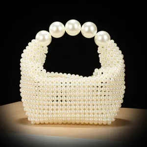 French Hollow Faux Pearl Handbag Women Elegant Handmade Beaded Evening Bag Vacation Woven Clutch Bag Top Handle Purse