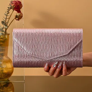 Women PU Leather Evening Bag Pleated Envelope Clutch Solid Color Chain Shoulder Crossbody Bag Banquet Daily Purse