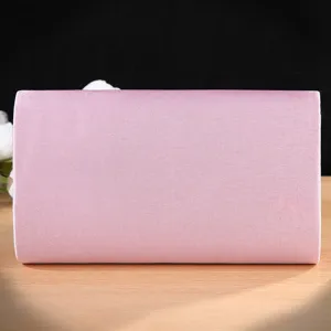 Pink satin evening clutch bag detail view, elegant wedding party purse accessory showcase.