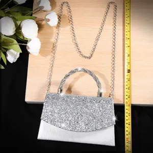 Silver glitter evening bag with braided handle and chain strap for wedding party events.