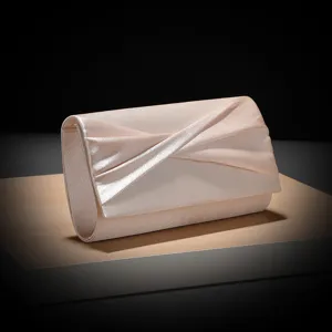Detail view of elegant pink pleated satin evening clutch bag, perfect for parties and events.