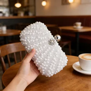 Women's Vintage Beaded Evening Bag Pearl Rhinestone Clutch Elegant Party Handbag Metal Chain Crossbody Bag
