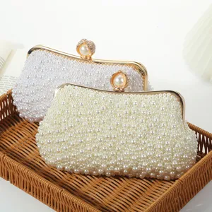 Women Pearl Beaded Evening Bag Elegant Handbag For Wedding Banquet Clutch Purse With Gold Metal Chain Frame
