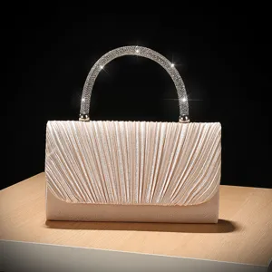 Women Pleated Evening Bag Elegant Rhinestone Handle Clutch Purse Fashion Satin Banquet Handbag For Wedding Party