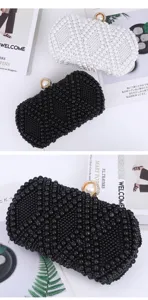 Exquisite beaded evening clutch bag detail view, elegant pearl design with metallic clasp.