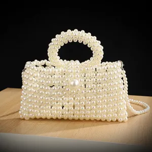 Borsa a Mano con Perle Artificiali di Moda Francese Per Donne Elegante Manico Rotondo Borsa a Tracolla da Sera