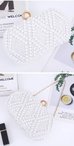 Elegant pearl evening clutch bag with chain strap, stunning beaded design for women's parties.