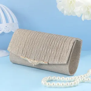 Vintage Glitter Evening Bag For Women Champagne Pleated Envelope Clutch Bag Elegant Wedding Party Handbag Purse