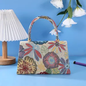 Woven floral handbag for women vintage casual small top handle tote bag stylish shoulder purse.