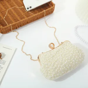 Pearl beaded evening bag with gold chain strap, elegant clutch for banquet and parties.