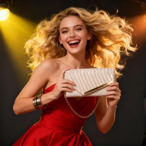 Detailed view of women elegant evening envelope bag with pleated design and metallic chain strap.