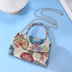 Retro Woven Brocade Fabric Underarm Bag Women Fashion Casual Floral Shoulder Handbag Lightweight Daily Top Handle Bag