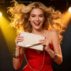 Elegant evening clutch bag for women, stylish pleated design with metal accent and chain.