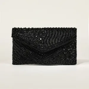 Women Rhinestone Beaded Evening Bag Fashion Sequins Clutch Elegant Party Banquet Handbag With Chain Strap Black