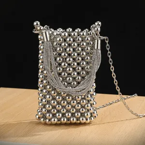 Women Fashion Beaded Evening Bag Luxury Pearl Chain Crossbody Shoulder Phone Bag Elegant Party Handbag Silver White