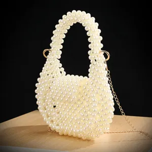 Handmade pearl beaded handbag for women, vintage evening clutch bag with gold chain strap for party.