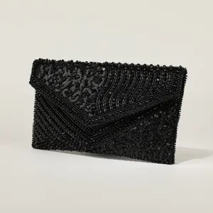 Elegant black beaded evening clutch bag, perfect for parties, weddings, and formal events.