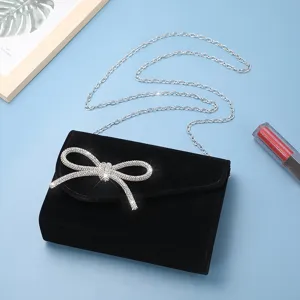 Schwarze Samt Abendtasche Für Damen Elegante Schleife Strass Handtasche Schicke Clutch Umhängetasche