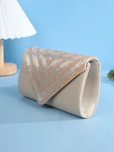 Champagne satin evening clutch bag with exquisite bead embroidery, elegant party shoulder bag.