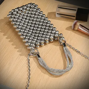 Silver beaded phone bag with rhinestone handle crossbody evening handbag for women chic stylish chic