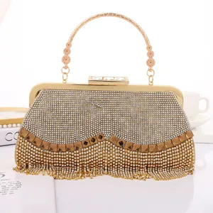 Women's Luxury Tassel Evening Bag Rhinestone Metallic Clutch Bag Banquet Dress Handbag Gold Color