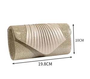 Borsa da sera dorata con glitter per donna, elegante pochette plissettata per matrimoni.