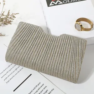 Silver glitter pleated evening clutch bag, elegant French style minimalist underarm handbag for women.
