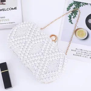 Elegant white pearl clutch bag with gold chain for women luxury wedding evening party main