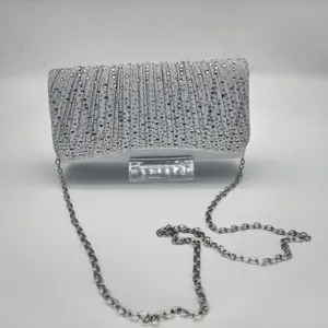 Silver rhinestone evening clutch bag with chain strap for women party wedding prom fashion